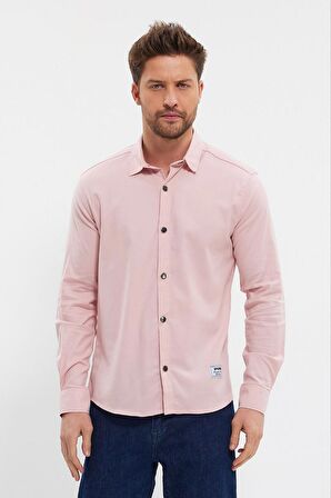DeepSEA Erkek Pembe Slim Fit Likralı Uzun Kollu Çıt çıtlı Düz Gömlek 2403013