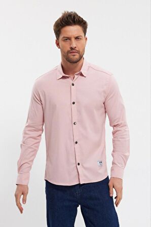 DeepSEA Erkek Pembe Slim Fit Likralı Uzun Kollu Çıt çıtlı Düz Gömlek 2403013