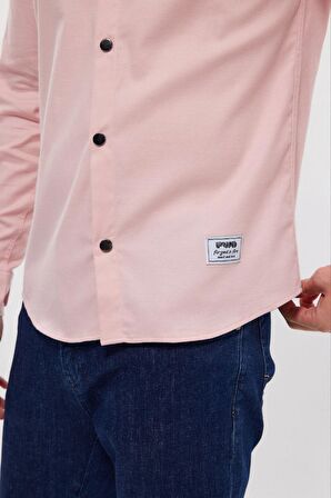 DeepSEA Erkek Pembe Slim Fit Likralı Uzun Kollu Çıt çıtlı Düz Gömlek 2403013