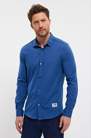DeepSEA Erkek Lacivert Slim Fit Likralı Uzun Kollu Çıt çıtlı Düz Gömlek 2403013