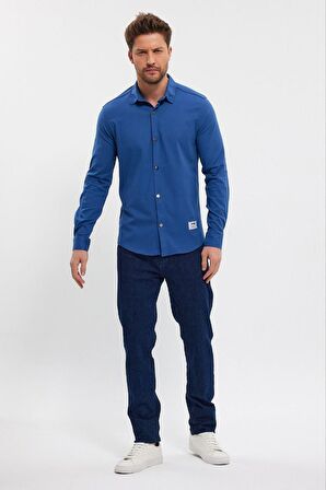 DeepSEA Erkek Lacivert Slim Fit Likralı Uzun Kollu Çıt çıtlı Düz Gömlek 2403013
