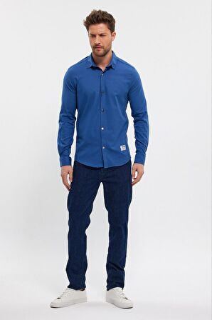 DeepSEA Erkek Lacivert Slim Fit Likralı Uzun Kollu Çıt çıtlı Düz Gömlek 2403013