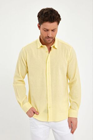 DeepSEA Erkek Sarı Kırışık Kumaş Slim Fit Likralı Uzun Kollu Gömlek 2403015