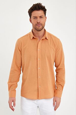DeepSEA Erkek Turuncu Kırışık Kumaş Slim Fit Likralı Uzun Kollu Gömlek 2403015