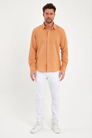 DeepSEA Erkek Turuncu Kırışık Kumaş Slim Fit Likralı Uzun Kollu Gömlek 2403015