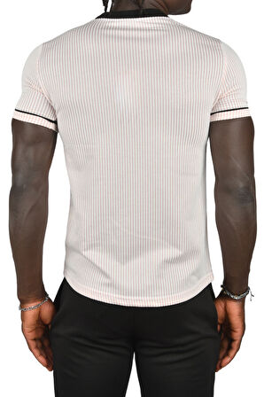 DeepSEA Erkek Pudra Slim Fit Çizgili Yaka ve Kolları Şeritli Likralı Tişört 2403201