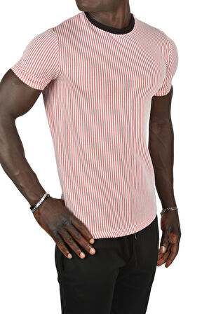 DeepSEA Erkek Kırmızı Çizgili Bisiklet Yaka Yakası Renkli Waffle Kumaş Slim Fit Likralı Tişört 2403209