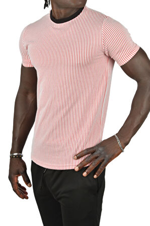 DeepSEA Erkek Kırmızı Çizgili Bisiklet Yaka Yakası Renkli Waffle Kumaş Slim Fit Likralı Tişört 2403209
