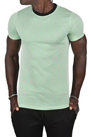 DeepSEA Erkek Yeşil Çizgili Bisiklet Yaka Yakası Renkli Waffle Kumaş Slim Fit Likralı Tişört 2403209
