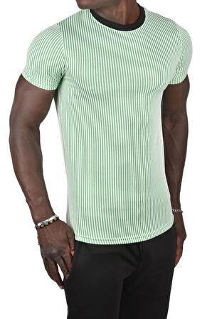 DeepSEA Erkek Yeşil Çizgili Bisiklet Yaka Yakası Renkli Waffle Kumaş Slim Fit Likralı Tişört 2403209