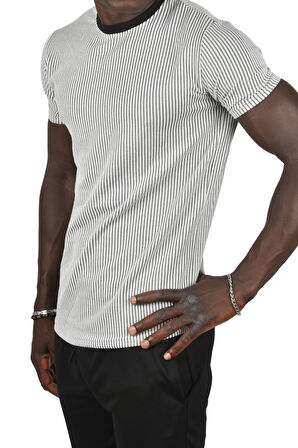 DeepSEA Erkek Gri Çizgili Bisiklet Yaka Yakası Renkli Waffle Kumaş Slim Fit Likralı Tişört 2403209