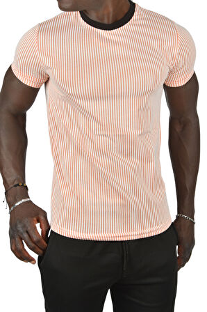 DeepSEA Erkek Turuncu Çizgili Bisiklet Yaka Yakası Renkli Waffle Kumaş Slim Fit Likralı Tişört 2403209