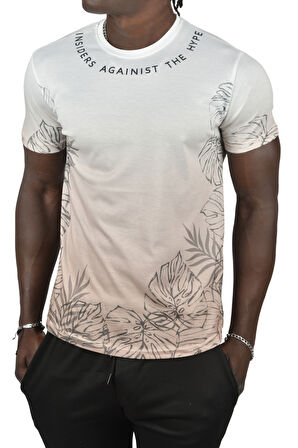 DeepSEA Erkek Bej Yakası Yazılı Dijital Baskılı Batik Yıkama Slim Fit Tişört 2403210