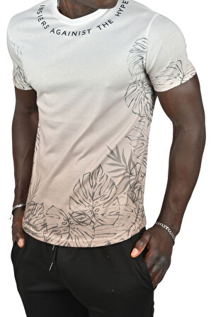 DeepSEA Erkek Bej Yakası Yazılı Dijital Baskılı Batik Yıkama Slim Fit Tişört 2403210