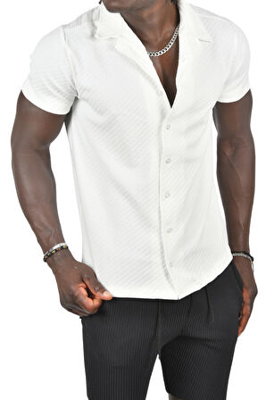 DeepSEA Erkek Beyaz Kabartma Çizgi Desenli Slim Fit Kısa Kollu Penye Gömlek 2403221