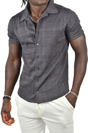DeepSEA Erkek Lacivert Kabartma Desenli Slim Fit Likralı Kısa Kollu Penye Gömlek 2403222