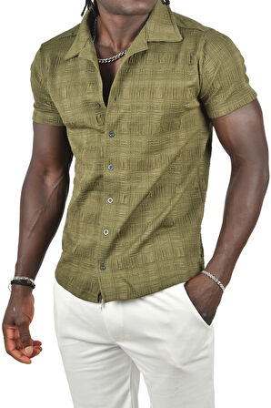 DeepSEA Erkek Haki Kabartma Desenli Slim Fit Likralı Kısa Kollu Penye Gömlek 2403222