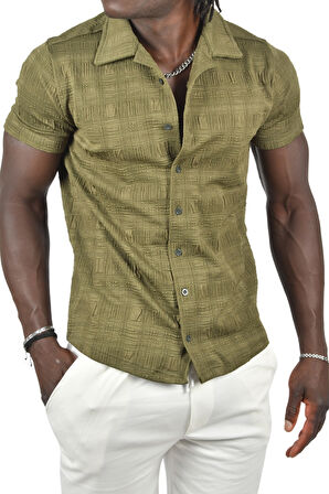 DeepSEA Erkek Haki Kabartma Desenli Slim Fit Likralı Kısa Kollu Penye Gömlek 2403222
