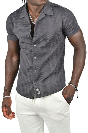 DeepSEA Erkek Lacivert Kabartma Nokta Desenli Slim Fit Likralı Kısa Kollu Penye Gömlek 2403223