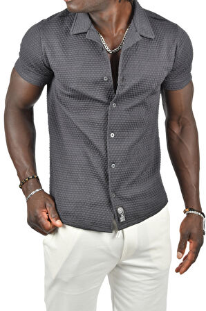 DeepSEA Erkek Lacivert Kabartma Nokta Desenli Slim Fit Likralı Kısa Kollu Penye Gömlek 2403223