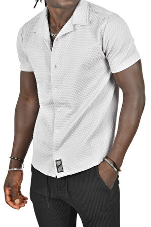 DeepSEA Erkek Gri Kabartma Nokta Desenli Slim Fit Likralı Kısa Kollu Penye Gömlek 2403223