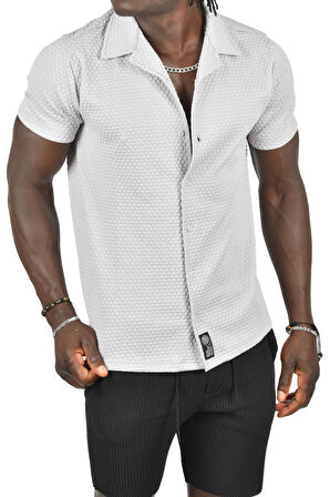 DeepSEA Erkek Gri Kabartma Nokta Desenli Slim Fit Likralı Kısa Kollu Penye Gömlek 2403223