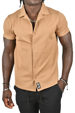 DeepSEA Erkek Bej Kabartma Nokta Desenli Slim Fit Likralı Kısa Kollu Penye Gömlek 2403223