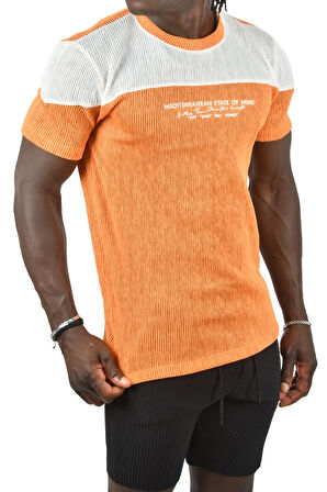 DeepSEA Erkek Turuncu Fitilli Örme Kumaş Önü Yazılı Slim Fit Likralı Tişört 2403234