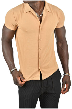 DeepSEA Erkek Kahve Slim Fit Likralı Yatay Çizgi Desenli Kısa Kollu Gömlek 2403241