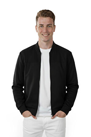 DeepSEA Erkek Siyah Dar Kesim Likralı Fermuarlı Süet Kumaş Ceket İnce Mont 2504334