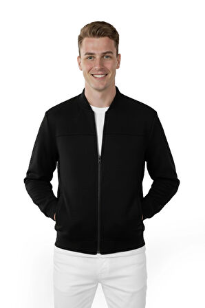 DeepSEA Erkek Siyah Dar Kesim Likralı Fermuarlı Süet Kumaş Ceket İnce Mont 2504334