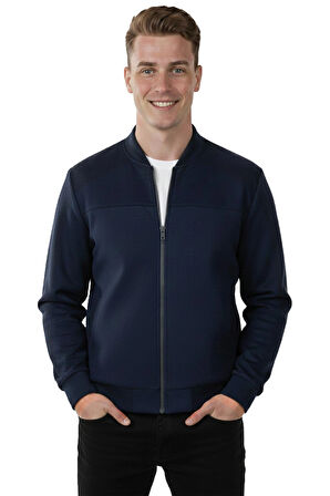 DeepSEA Erkek Lacivert Dar Kesim Likralı Fermuarlı Süet Kumaş Ceket İnce Mont 2504334