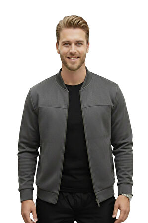 DeepSEA Erkek Gri Dar Kesim Likralı Fermuarlı Süet Kumaş Ceket İnce Mont 2504334