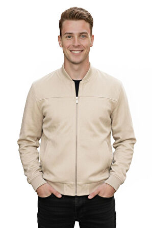 DeepSEA Erkek Bej Dar Kesim Likralı Fermuarlı Süet Kumaş Ceket İnce Mont 2504334