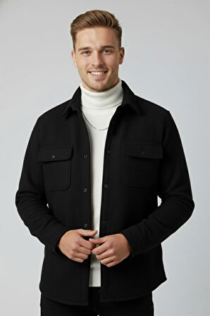 DeepSEA Erkek Siyah Dar Kesim Cepleri Kapaklı Çıtçıtlı İnce Kaşe Ceket Mont 2500559