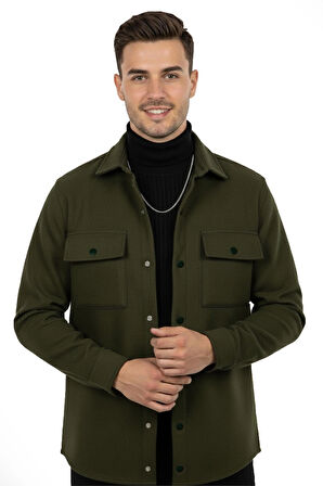 DeepSEA Erkek Haki Dar Kesim Cepleri Kapaklı Çıtçıtlı İnce Kaşe Ceket Mont 2500559