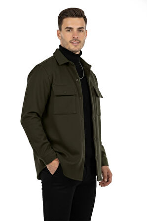 DeepSEA Erkek Haki Dar Kesim Cepleri Kapaklı Çıtçıtlı İnce Kaşe Ceket Mont 2500559