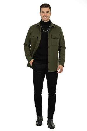 DeepSEA Erkek Haki Dar Kesim Cepleri Kapaklı Çıtçıtlı İnce Kaşe Ceket Mont 2500559