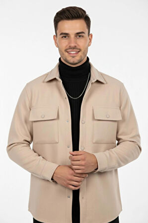 DeepSEA Erkek Krem Dar Kesim Cepleri Kapaklı Çıtçıtlı İnce Kaşe Ceket Mont 2500559