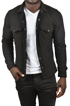 DeepSEA Erkek Siyah Örme Kumaş Gömlek Yaka Cepli Çıtçıtlı Slim Fit Spor Ceket 2500558
