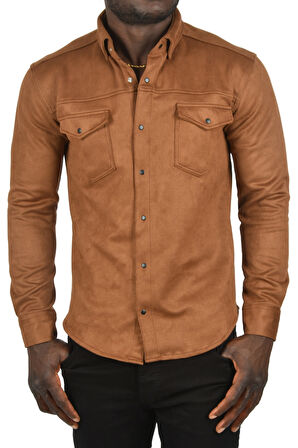DeepSEA Erkek Kahve Kırışmayan Süet Kumaş ÇıtÇıtlı Cepli Slim Fit Mevsimlik Gömlek 2302329