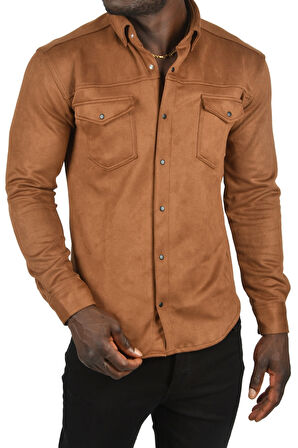 DeepSEA Erkek Kahve Kırışmayan Süet Kumaş ÇıtÇıtlı Cepli Slim Fit Mevsimlik Gömlek 2302329