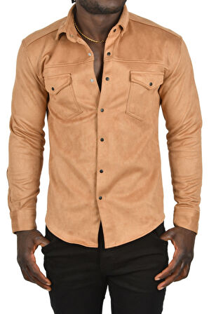 DeepSEA Erkek Camel Kırışmayan Süet Kumaş ÇıtÇıtlı Cepli Slim Fit Mevsimlik Gömlek 2302329