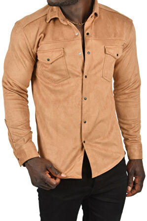 DeepSEA Erkek Camel Kırışmayan Süet Kumaş ÇıtÇıtlı Cepli Slim Fit Mevsimlik Gömlek 2302329