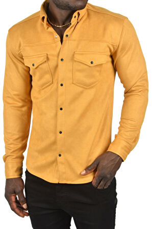 DeepSEA Erkek Hardal Sarısı Kırışmayan Süet Kumaş ÇıtÇıtlı Cepli Slim Fit Mevsimlik Gömlek 2302329
