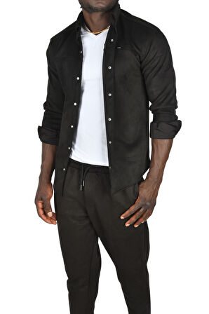 DeepSEA Erkek Siyah Likralı Çıtçıtlı Kırışmayan Süet Kumaş Slim Fit Cepsiz Mevsimlik Gömlek 2500556