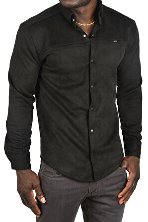 DeepSEA Erkek Siyah Likralı Çıtçıtlı Kırışmayan Süet Kumaş Slim Fit Cepsiz Mevsimlik Gömlek 2500556