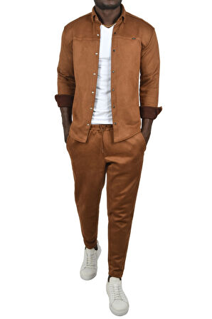 DeepSEA Erkek Kahve Likralı Çıtçıtlı Kırışmayan Süet Kumaş Slim Fit Cepsiz Mevsimlik Gömlek 2500556
