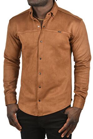 DeepSEA Erkek Kahve Likralı Çıtçıtlı Kırışmayan Süet Kumaş Slim Fit Cepsiz Mevsimlik Gömlek 2500556
