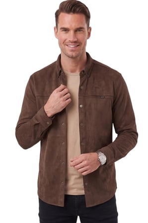 DeepSEA Erkek Kahve Likralı Çıtçıtlı Kırışmayan Süet Kumaş Slim Fit Cepsiz Mevsimlik Gömlek 2500556